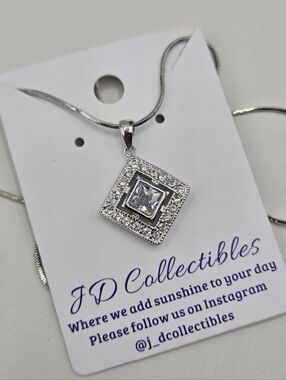 Swarovski Crystal Elements Silver Square Necklace Halo Clear 18 - 20 inch Bridal